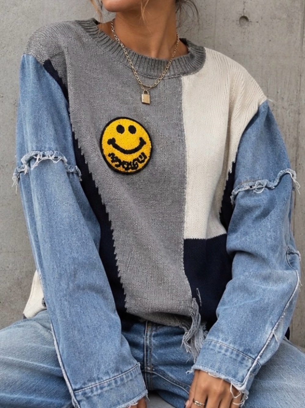 Smiley Face Denim Sleeve tee Colorblock Distressed Knit Sweater M Y2K Patchwork